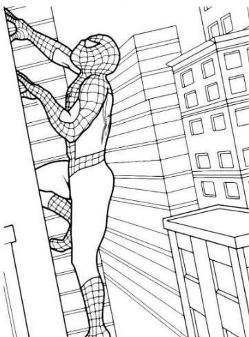 Mẫu tranh tô màu cho bé hình người nhện đang trèo lên tòa nhà