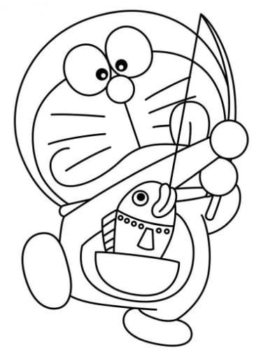 Tranh tô màu cho bé Doraemon, chú mèo máy, câu cá từ giỏ kho báu