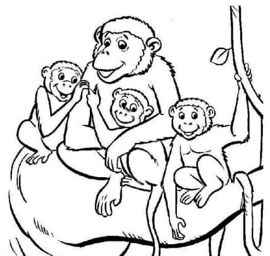 Mẫu tranh tô màu cho bé hình gia đình nhà khỉ đang hạnh phúc