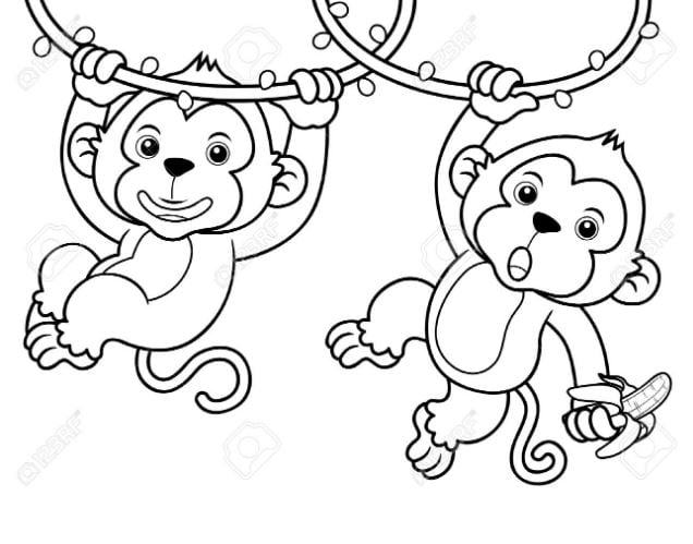 Tranh tô màu cho trẻ em với 2 chú khỉ đang quay trên dây