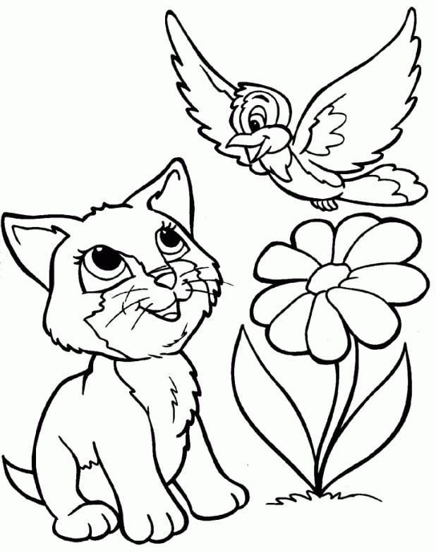 Mẫu tranh tô màu cho bé hình con mèo và bông hoa