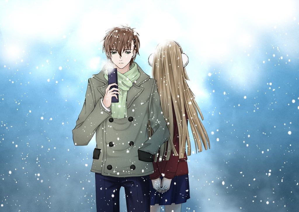 Ảnh Anime chuyện tình giữa chàng trai và cô gái giữa bầu trời đầy tuyết đang rơi