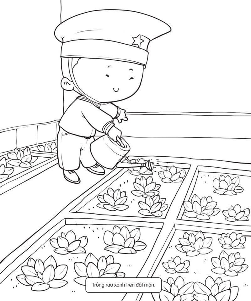 Tranh tô màu chú bé quân nhân chăm sóc vườn rau